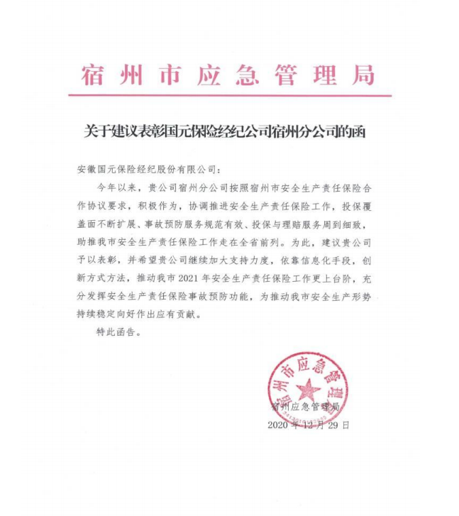 宿州市應急局對我司的表彰函